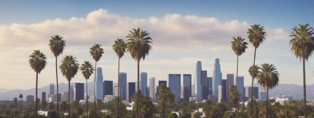 Los Angeles skyline with palm trees in the front